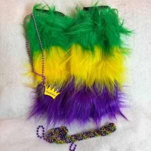 Mardi Gras Womens Warm Boot Cuff Furry Fur LegWarmers, Necklace, & Bead Headband